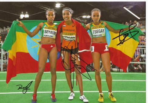 Gudaf Tsegay & Seyaum & Hassan Leichtathletik Autogramm 13x18 cm Foto original signiert 