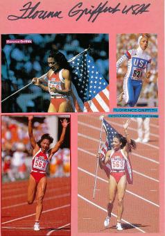 Florence Griffith-Joyner † 1998  USA  3 x Olympiasiegerin Sprint Leichtathletik  Autogramm Karte original signiert 